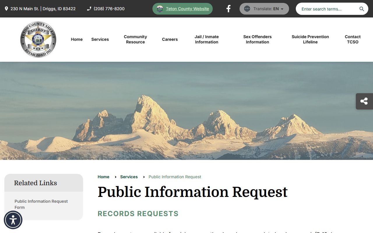 Teton County arrest records sheriff public information request source