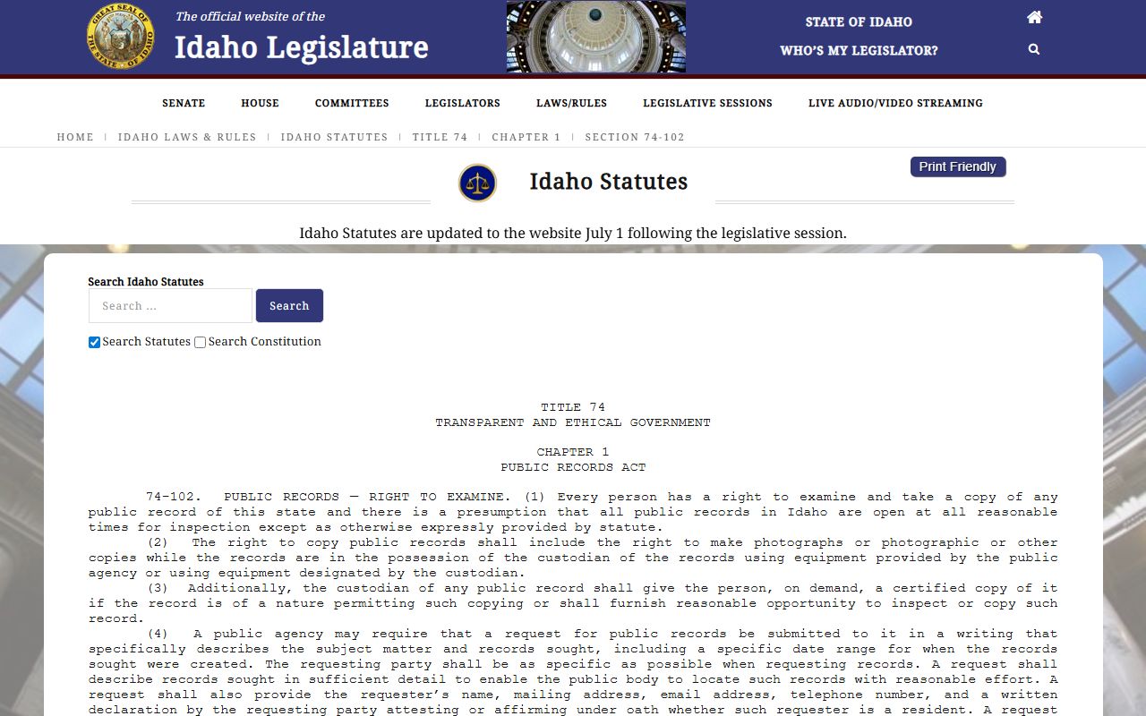 Teton County court records Idaho Code 74-102 public access source