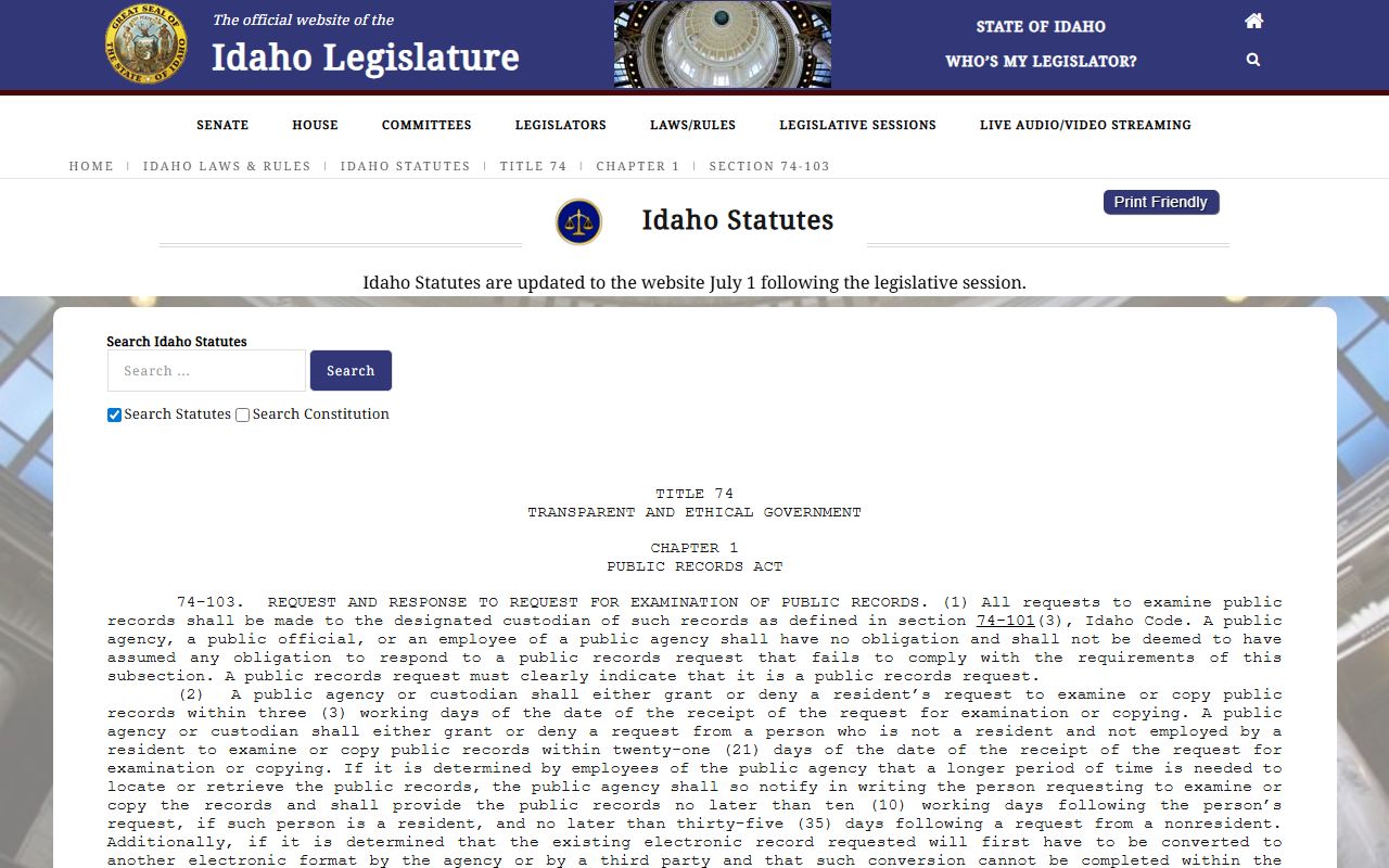 Teton County criminal court records Idaho Code 74-103 request source
