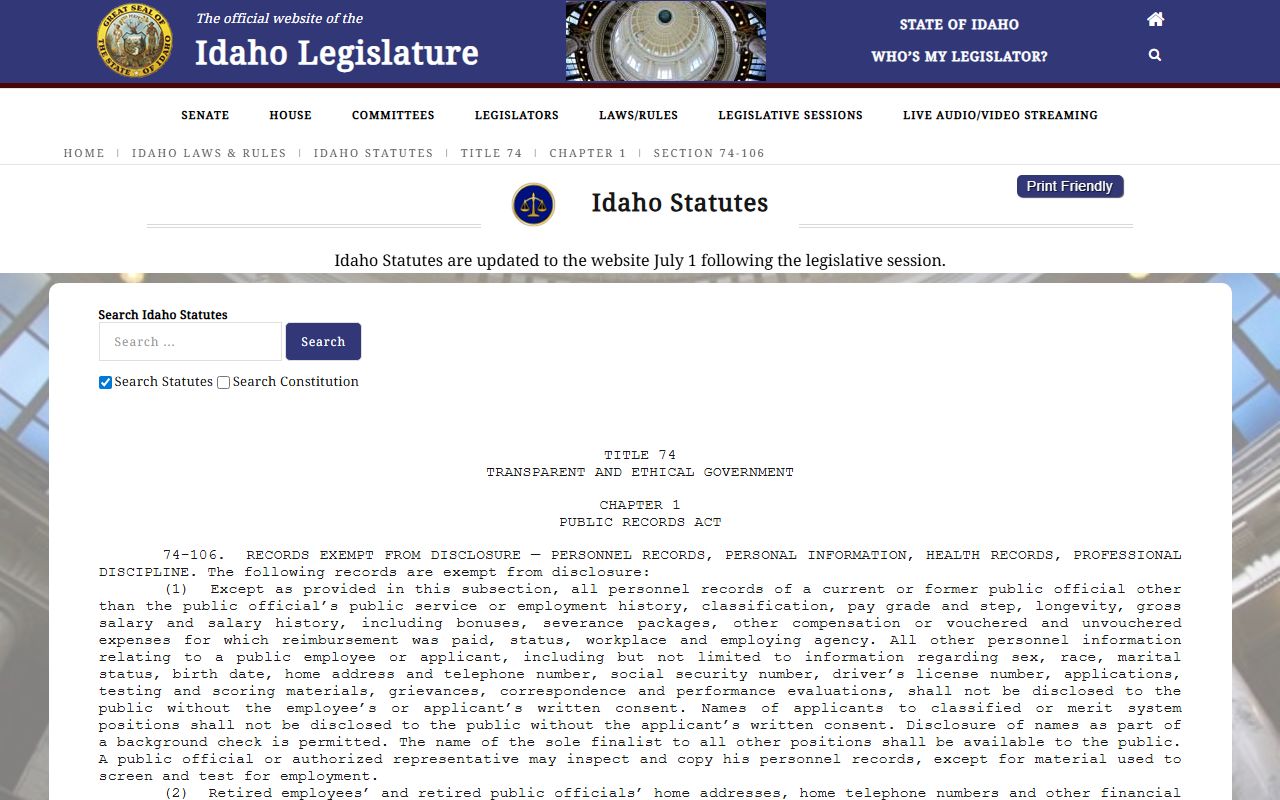 Teton County criminal court records Idaho Code 74-106 exemption source
