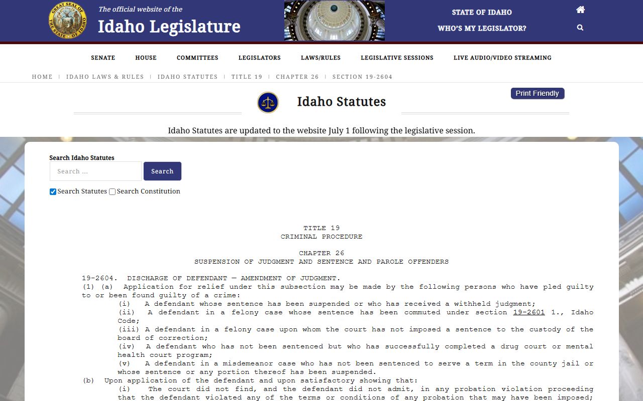 Teton County criminal court records Idaho Code 19-2604 set aside source