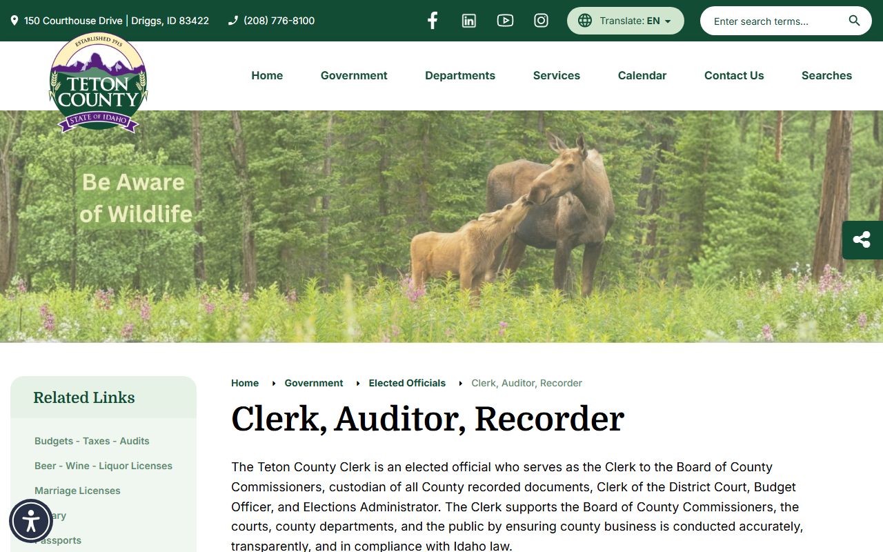 Teton County court records Clerk Auditor Recorder office page