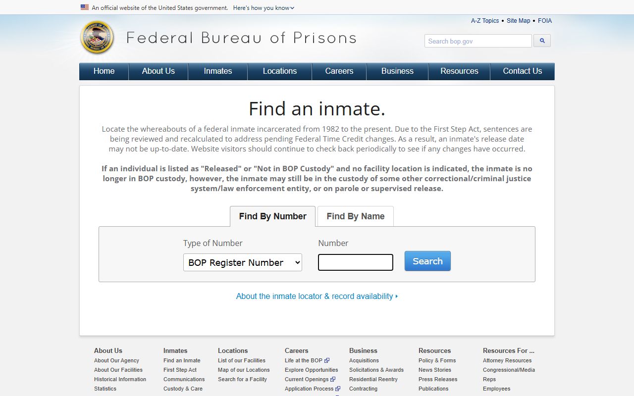 Official Federal Bureau of Prisons inmate locator page