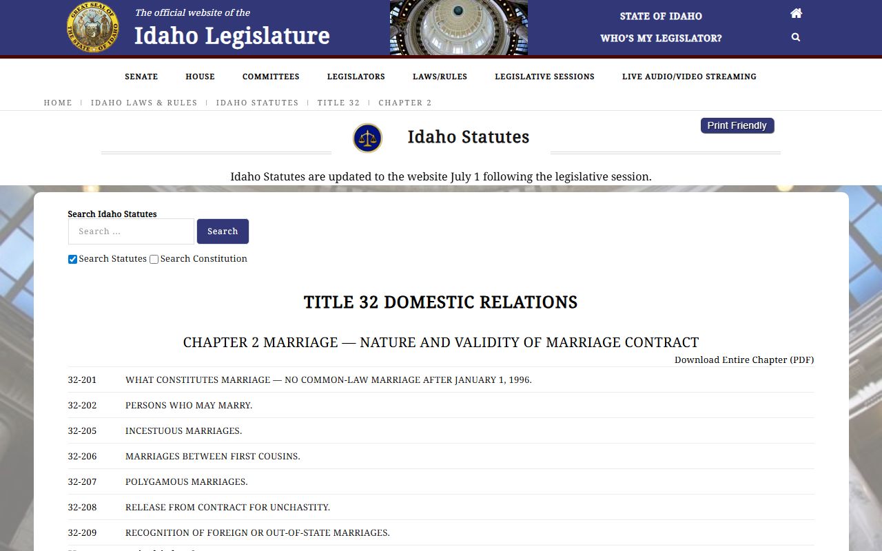 Official Idaho marriage chapter governing licenses and solemnization
