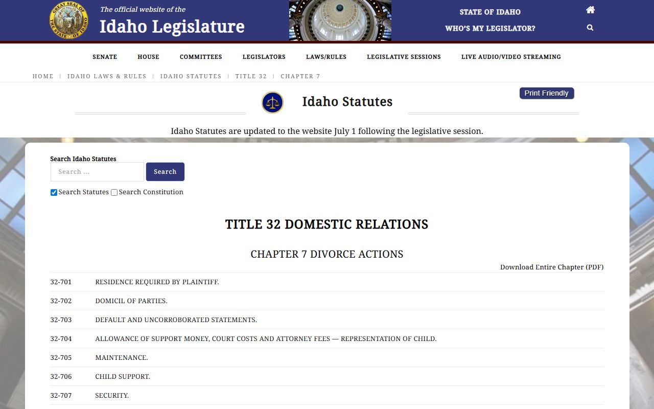Official Idaho divorce chapter including divorce procedure