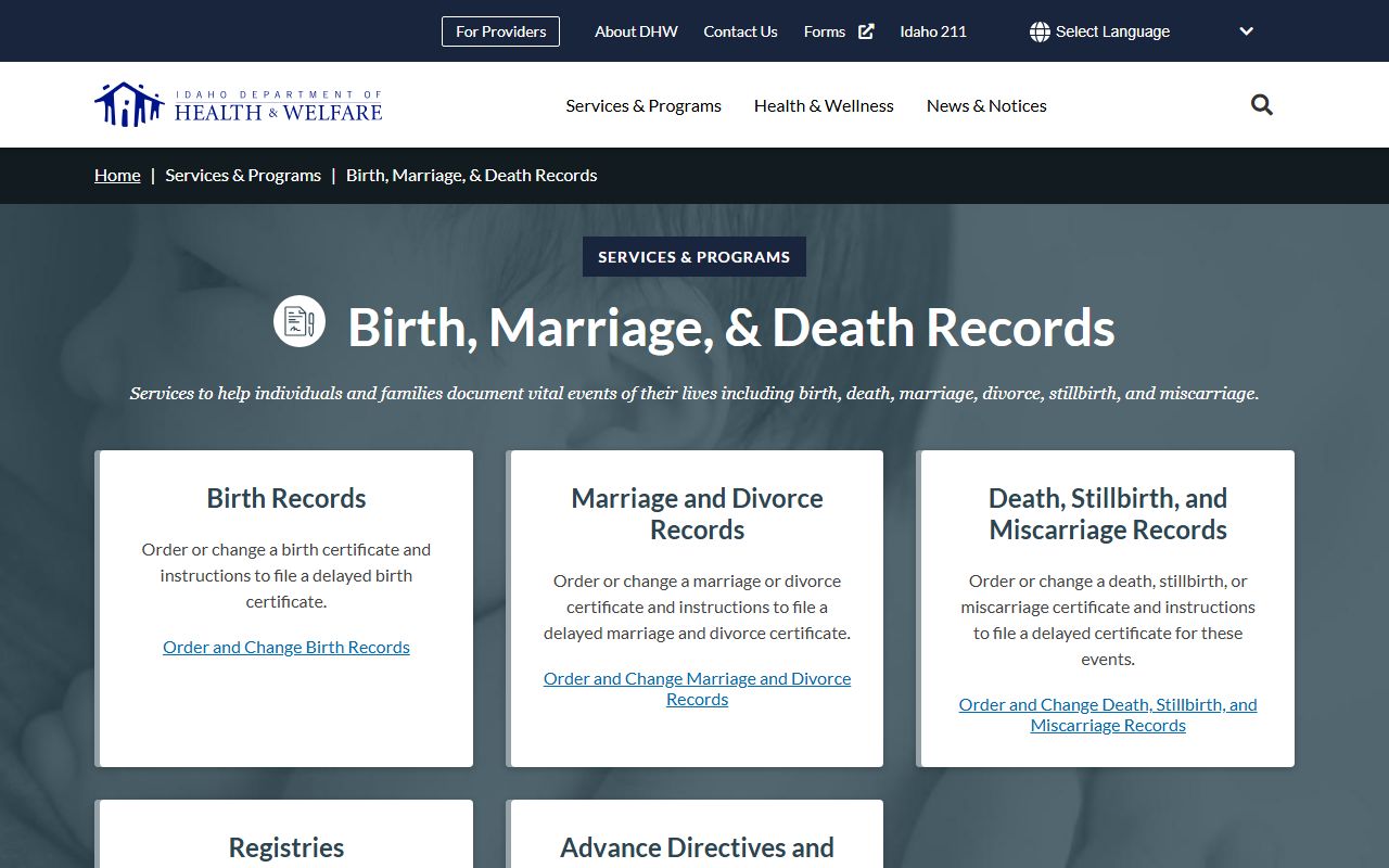 Official Idaho vital records page for birth marriage divorce and death records